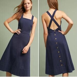 NWT Anthropologie Maeve Navy A-Line Flared Open Back Overall Midi Denim Dress 2P